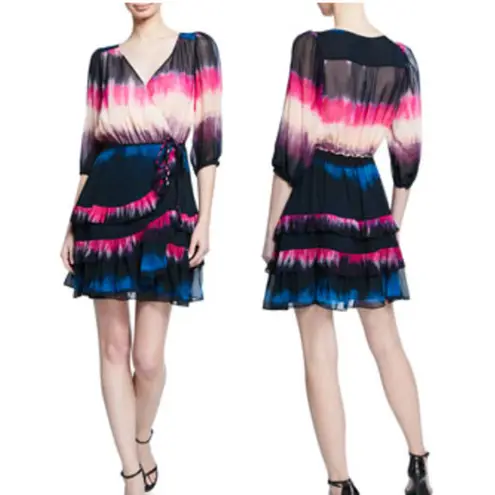 Tanya Taylor  Valeria Tie-Dye Silk Tiered Ruffle Faux Wrap Dress Black/Pink US 2