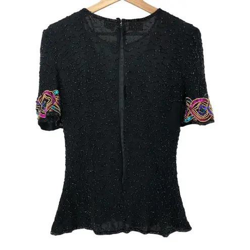 Stenay LARGE VINTAGE 80s 100% SILK Black Multi Beaded Sequin Top Short Sleeve