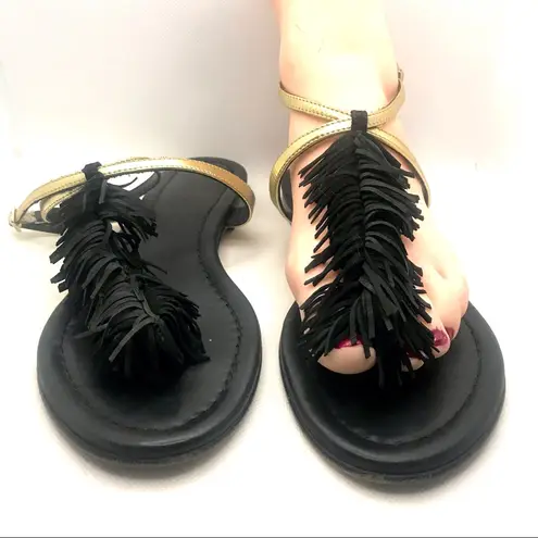 VISCONTI & DE REAU BLACK & GOLD LEATHER WITH FRINGE THONG SANDALS (37) Size 6