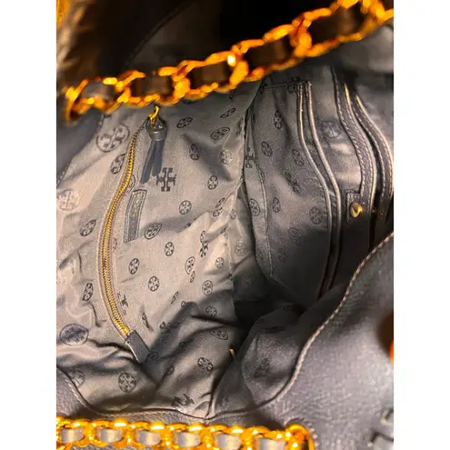 Tory Burch  Navy Leather Marion Slouchy Tote Bag Purse Gold Chain & Wallet EUC