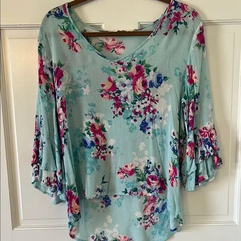 Newbury Kustom Blue and Pink Blouse with Floral Print and Flared Sleeves