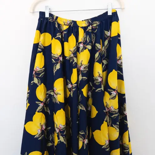 Womens Maxi Skirt Size S Navy Yellow Lemon Print Coastal Resort Maximalist Boho Blue
