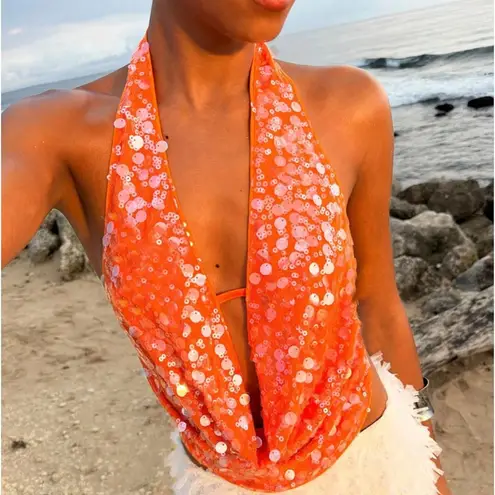 NWT SOLY HUX Sequin Halter Crop Top Orange Glitter Deep Cowl Neck Small
