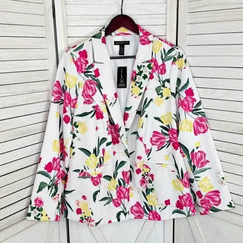 INC International Concepts Floral Print Blazer Jacket White Pink 1X Plus Size