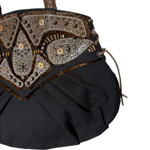 Braccialini Tua Canvas Beaded Embellished Stud Black Tote Brown Leather Detail