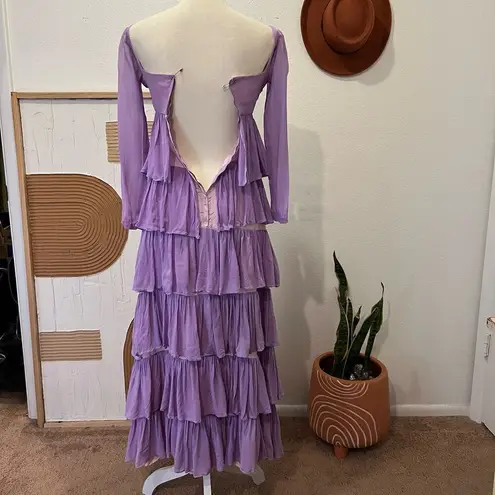 None Vintage Handmade 70s Purple Multi Tiered Pleated Sheer Sleeve Square Neck Dress