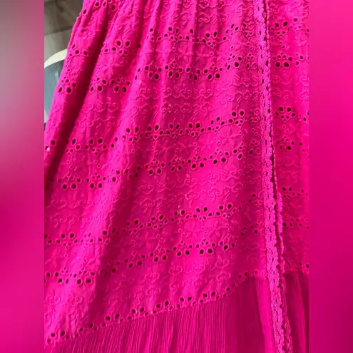 Playa Lucila eyelet maxi dress tiered embroidered gauze button down tiered hot Pink Size M
