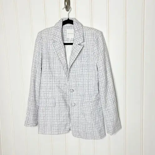 Avec Les Filles Tweed Blazer Jacket Womens Size S Blue White Plaid Button Front