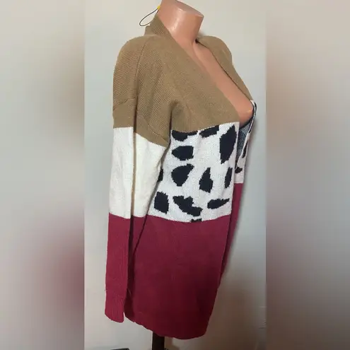 BTFBM Stylish Animal Print Colorblock Cardigan Sweater Size S Tan
