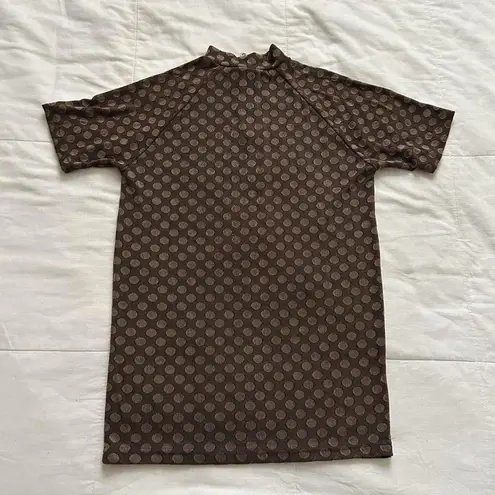 Vintage Brown tan polka knit jacquard dot quarter zip biker look top size large