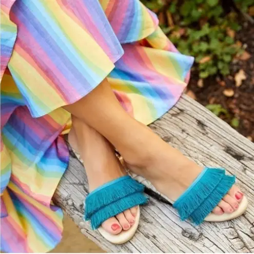 Birdies Sparrow Fringe Slide Sandal Teal Azure Satin Mule Size 10 Blue