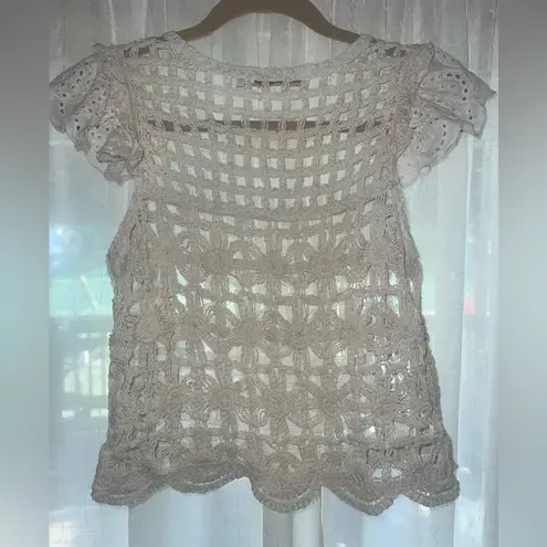 Bishop and Young from Anthropologie Crochet Cream Eyelet Flutter Sleeves top XXS