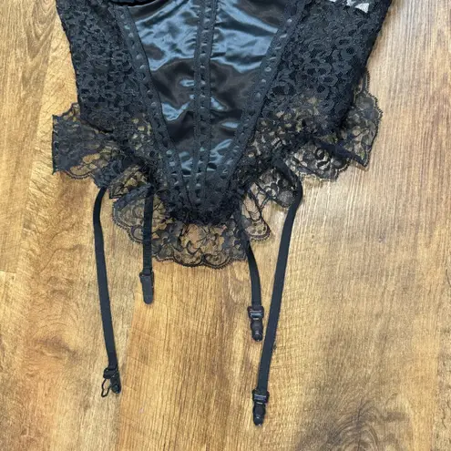 Vtg Y2K Black Babydoll Corset Bustier Top w Garter Straps Sz Large Satin Lace