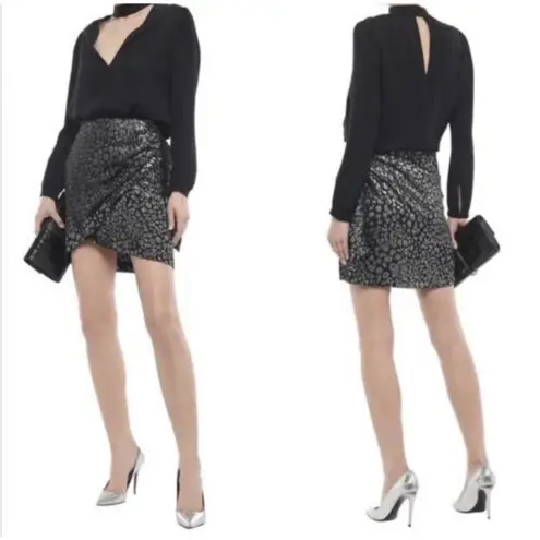 IRO Paris Black Metallic Silver Brocade Animal Print Mini Skirt Size 36 Glitter