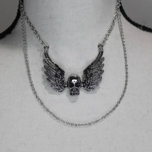 Brand New!! Multilayer skull and angel wings necklace and chain Silver