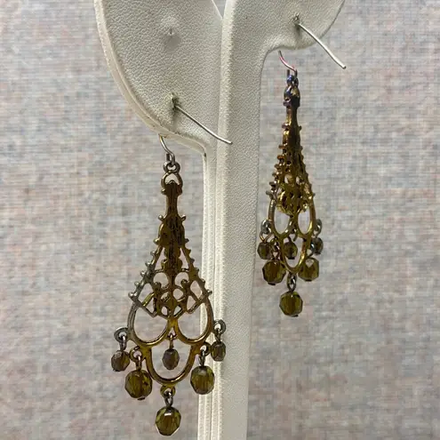 Vintage Bronze Chandelier Earrings Green Faceted Beads Dangle Drop Fairy Grunge Gold