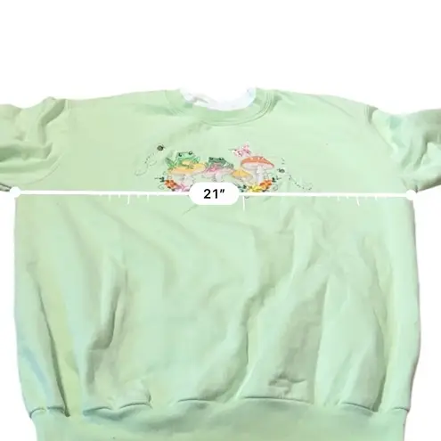 Cute Frog Mushroom Embroidered Lime Green Crewneck Sweatshirt Size L