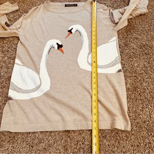 Sugarhill Boutique ModCloth Swan duck goose print intarsia 100% cotton sweater Tan Size 10