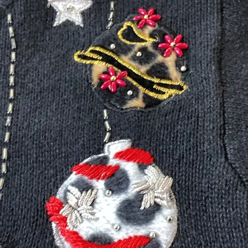 Victoria Jones Black Embroidered Christmas Holiday Cardigan Leopard Print Medium