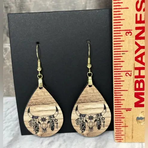Steer Skull Dream Catcher Wood Look Teardrop Earrings