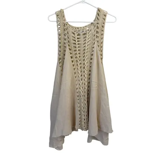 Dasayo Crochet Gauze Sleeveless Beach Cover Up Tunic Top Scoop Neck Beige OS Size L
