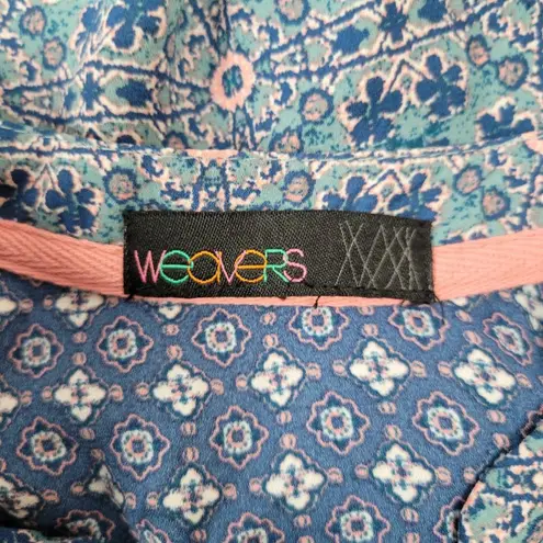 Weavers Womens Sleeveless Tunic Top Geometric Print Tassel V Neck Blue Size M