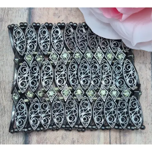 None Wide Stretch Bracelet Black Gun Metal Statement Filigree & Rhinestones One Size