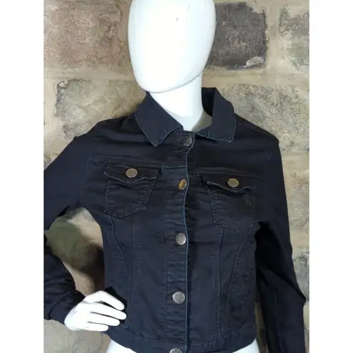 VIP Jean Jacket Dark Blue Stretch Button Up Woman's Size Small Basic Denim Black - Image 2