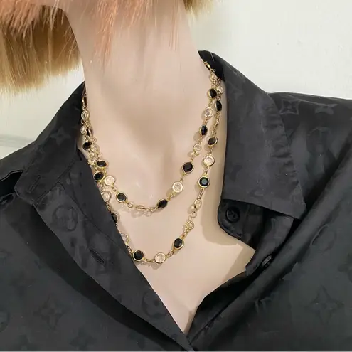 Swavorski Swarovski Signed Necklace with Bezel Set Flat Clear & Black Crystals 35"