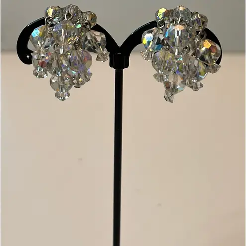 Vintage Laguna clip on earrings faceted clear aurora borealis cascading crystals