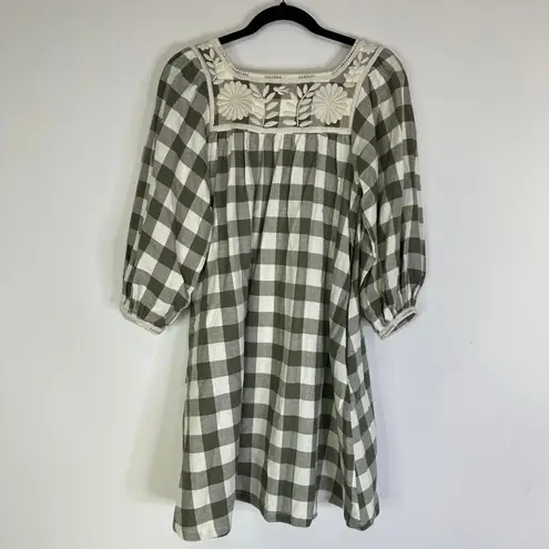 NEW Mi Golondrina Mexico Marta Dress Long Sleeves Women’s XS Cream Green Plaid