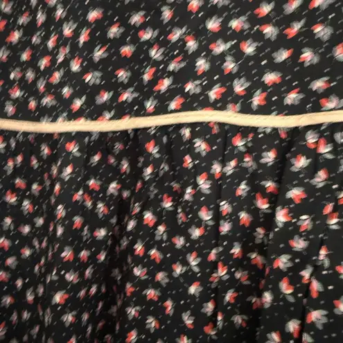 Vintage Parisian black red pink Floral Black Skirt peasant tiered midi lined sm