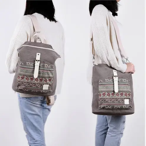 NWOT Canvas Artisan Floral Boho Convertible Crossbody Backpack Tote Bag Gray