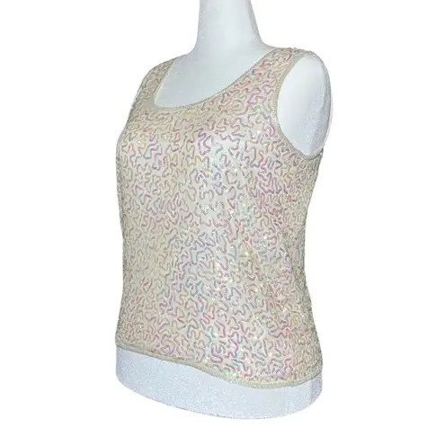 Vintage 90s Y2K 100% Silk White Going Out Top Sequins. Large. Bachelorette Fairy