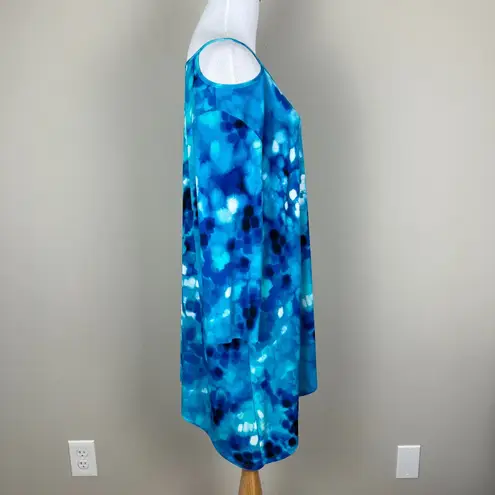 Clara Sun Woo Tunic Top Womens XL Blue Handkerchief Hem Cut Out Printed Artsy