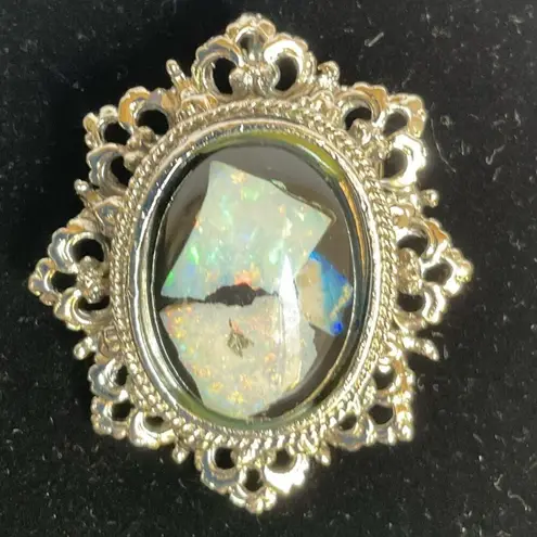 Vintage Baroque Opal Style Glass Brooch Pendant Gold Ornate Frame Pin Victorian Silver