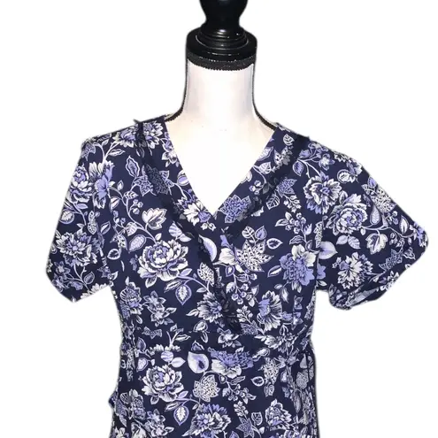 Laura Ashley Blue Floral V-Neck Scrub Top Pockets Lace Detail