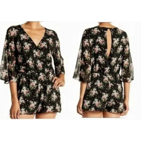 Everly  Women’s Romper Wrap Front Elastic Waist Size M Black & Pink Floral Print