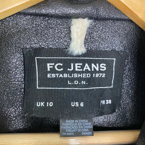 FC Jeans Women Faux Fur Lined Moto Jacket Black Cream Sz 6 Sherpa Vegan Leather