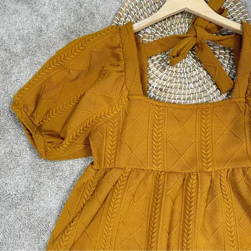 Bohme Cable Knit Square Neck Puff Sleeve Babydoll Open Back Mini Dres Boho XL