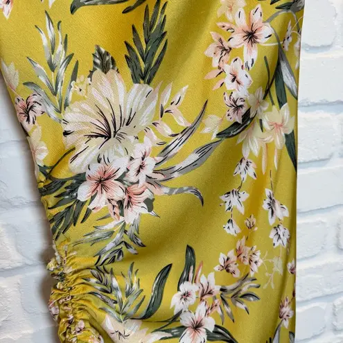 Mable Asymmetrical Yellow Floral Midi Dress Cinch Slit Cowl Neck Tropical Small