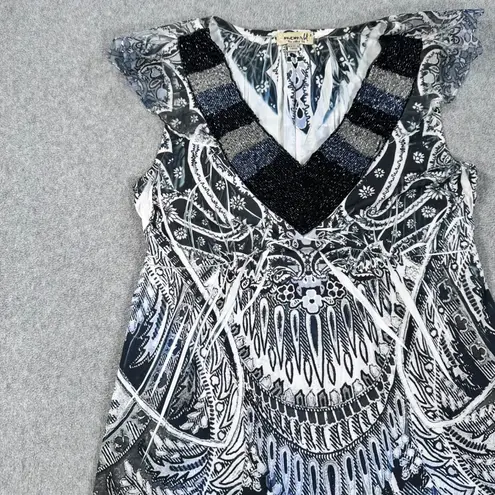 One World Beaded V-Neck Mini Dress Women's Small Black Gray Flutter Sleeve Y2k