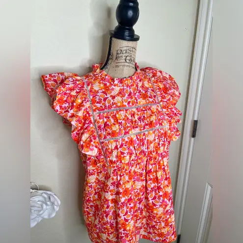 Entro NTM: Sunset Dream Mock Neck Ruffle Sleeve Babydoll Orange & Pink Top Sz M