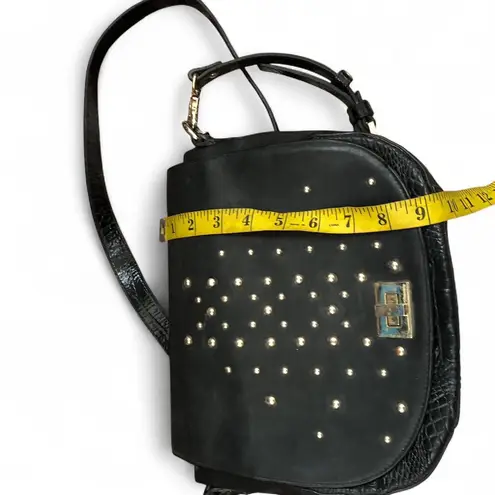 RARE Brahmin Western Grunge Gold Tone Studs Crossbody Croc Shoulder Bag Purse Black