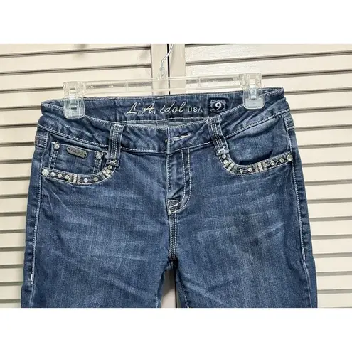 L.A. Idol Low Rise Skinny Jeans Rhinestones Embroidery Size 9 Med Wash Stitching Blue