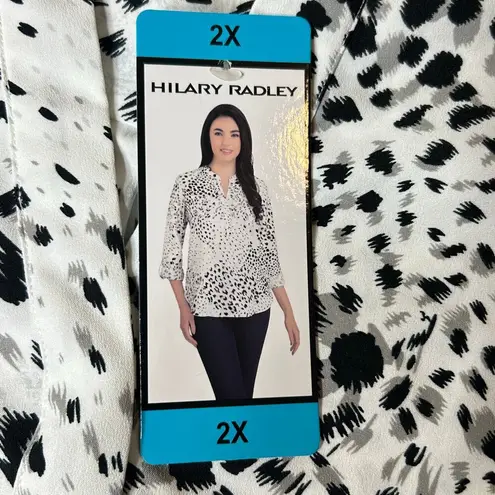 Hilary Radley Top Womens 2X White Leopard Print Roll Sleeve Tunic Blouse NEW