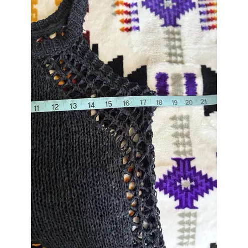 Black Crochet Top Sleeveless Size Medium Open Knit Fringe Linen Cover