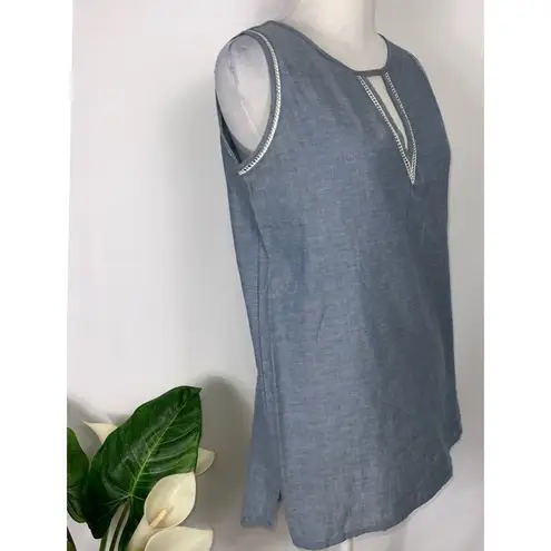 The Royal Standard Sleeveless Chambray White Embroidered Trim Tunic S Blue