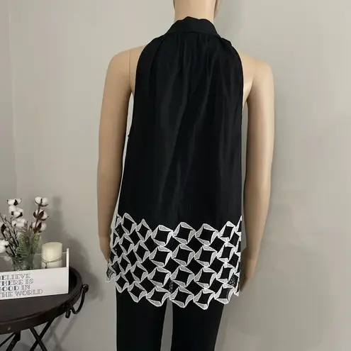 Robert Rodriguez Women 4 Embroidered Hem Key Hole Tie Front Sleeveless Top Black