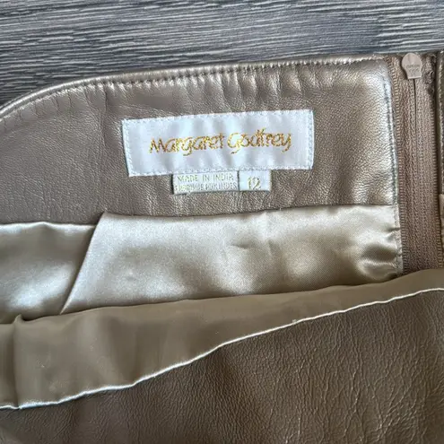 Margaret Godfrey Womens Gold Leather Skirt Size 12 Front Tie Raw Hem Lined EUC